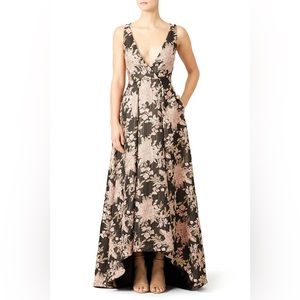 Badgley Mischka cutout floral jacquard pink black gold gown size 4